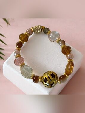 Hand crafted Gold-Tone Mixed Bead Stretch Bracelet - Pink, Amber & Clear